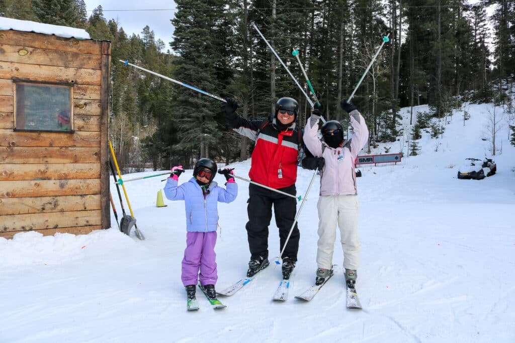 Power Kids pass holders skiing at Sipapu Ski Resort with free lift tickets for children