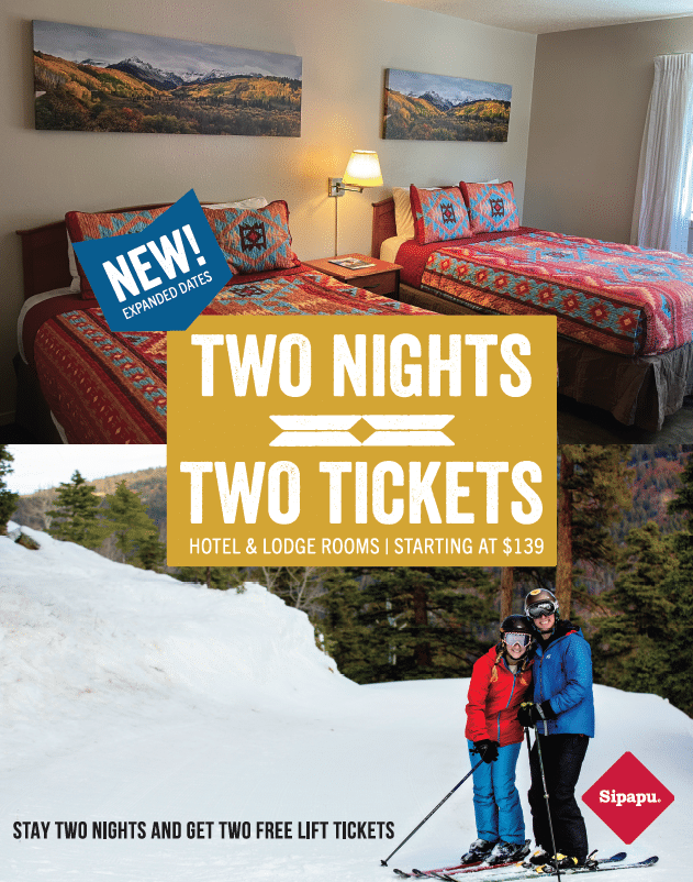 Stay two nights at Sipapu Ski & Summer Resort and receive two free lift tickets for your ski getaway.
